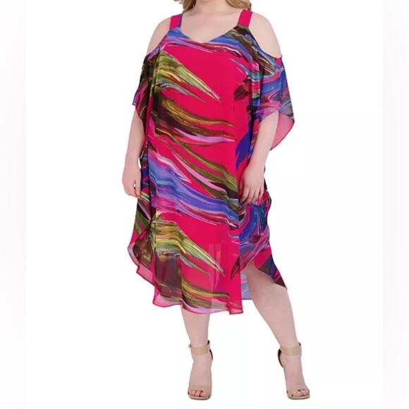 ROBBIE BEE Plus Size Cold-Shoulder Caftan Dress Hot Pink Women’s Sz 14W - Picture 1 of 10
